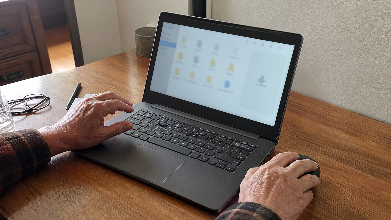 크롬으로 받은 파일의 위치를 찾는 중장년 사용자의 Windows 노트북