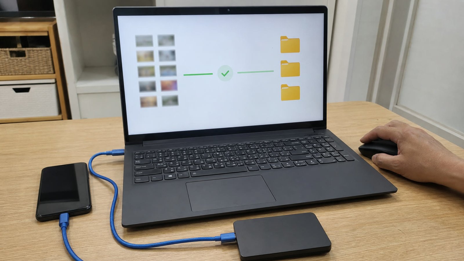 스마트폰 사진을 날짜별 Windows 폴더로 복사하고 백업하는 모습